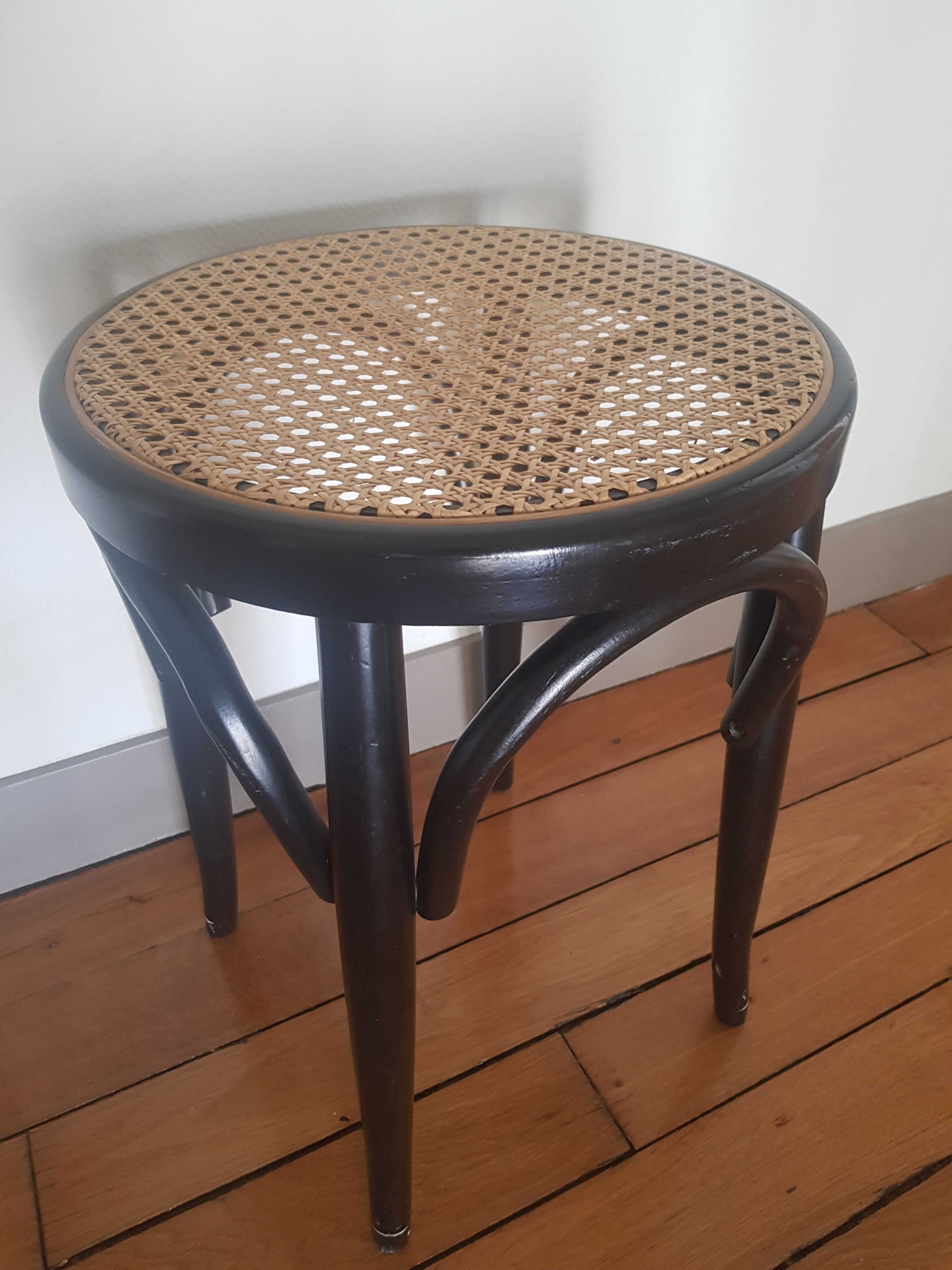 Wooden and rattan tabouret