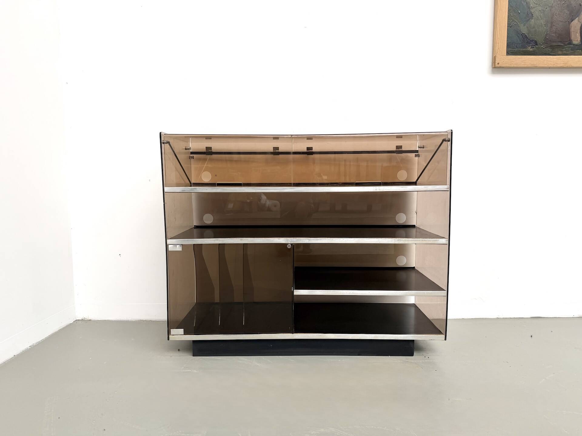 Hi-Fi furniture in smoked plexiglass and aluminium, Eric Maville