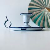 Antique candle holder in white and blue enamelled metal