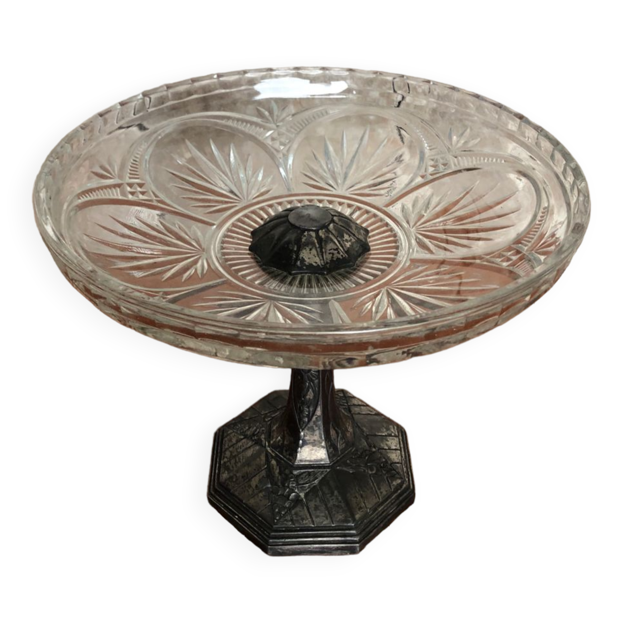 Old centerpiece cut art deco glass + foot silver metal vintage #a285