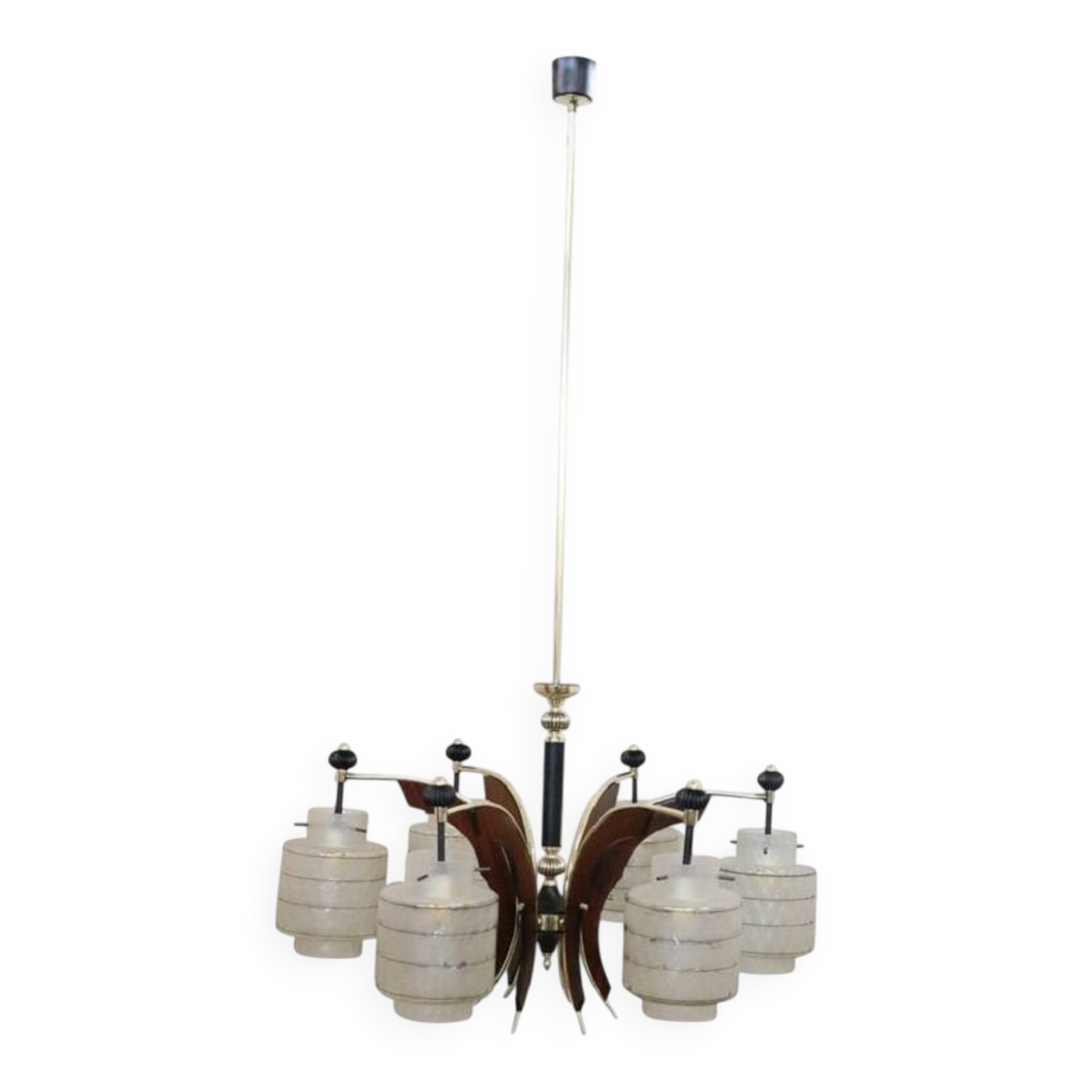 Glass, wood, brass and black lacquered metal chandelier, Italy, 1950