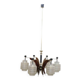 Glass, wood, brass and black lacquered metal chandelier, Italy, 1950