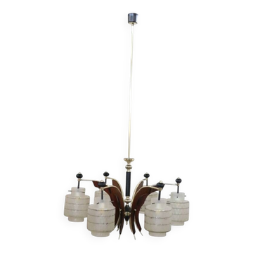 Glass, wood, brass and black lacquered metal chandelier, Italy, 1950