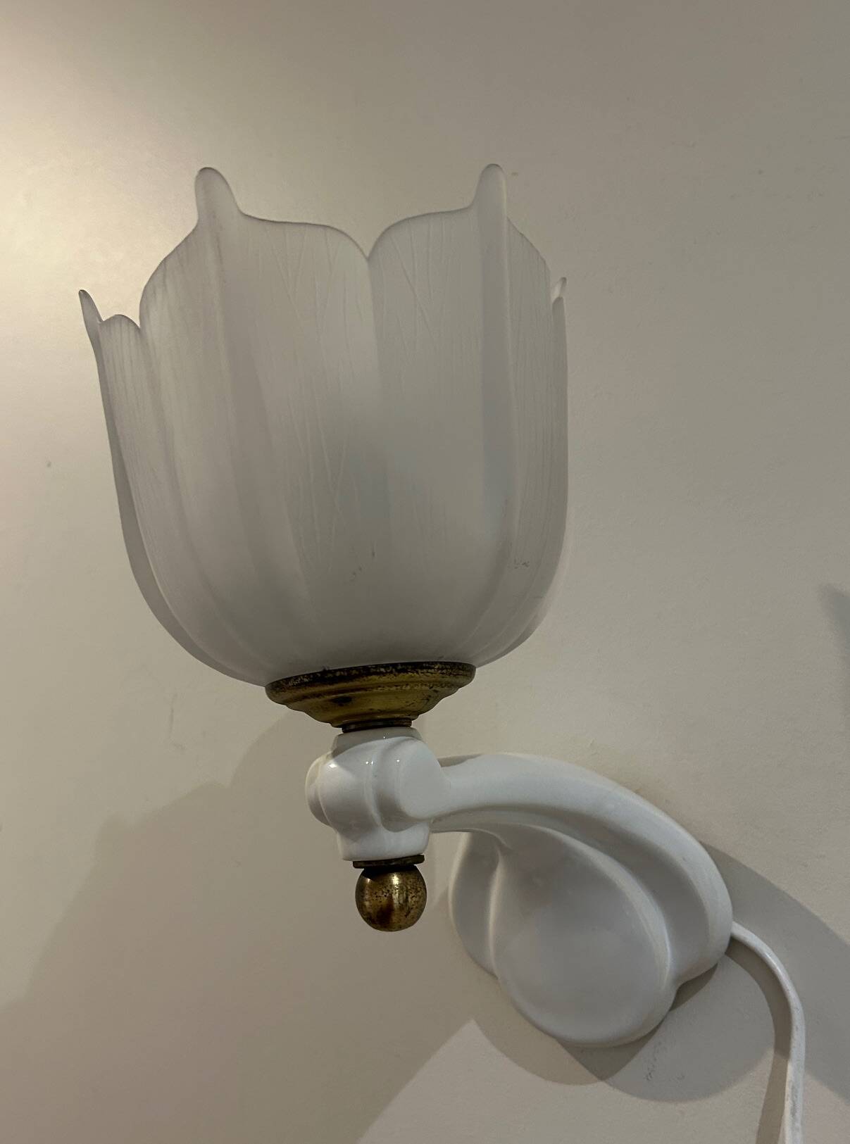 pair of ceramic and frosted glass wall lights 1950