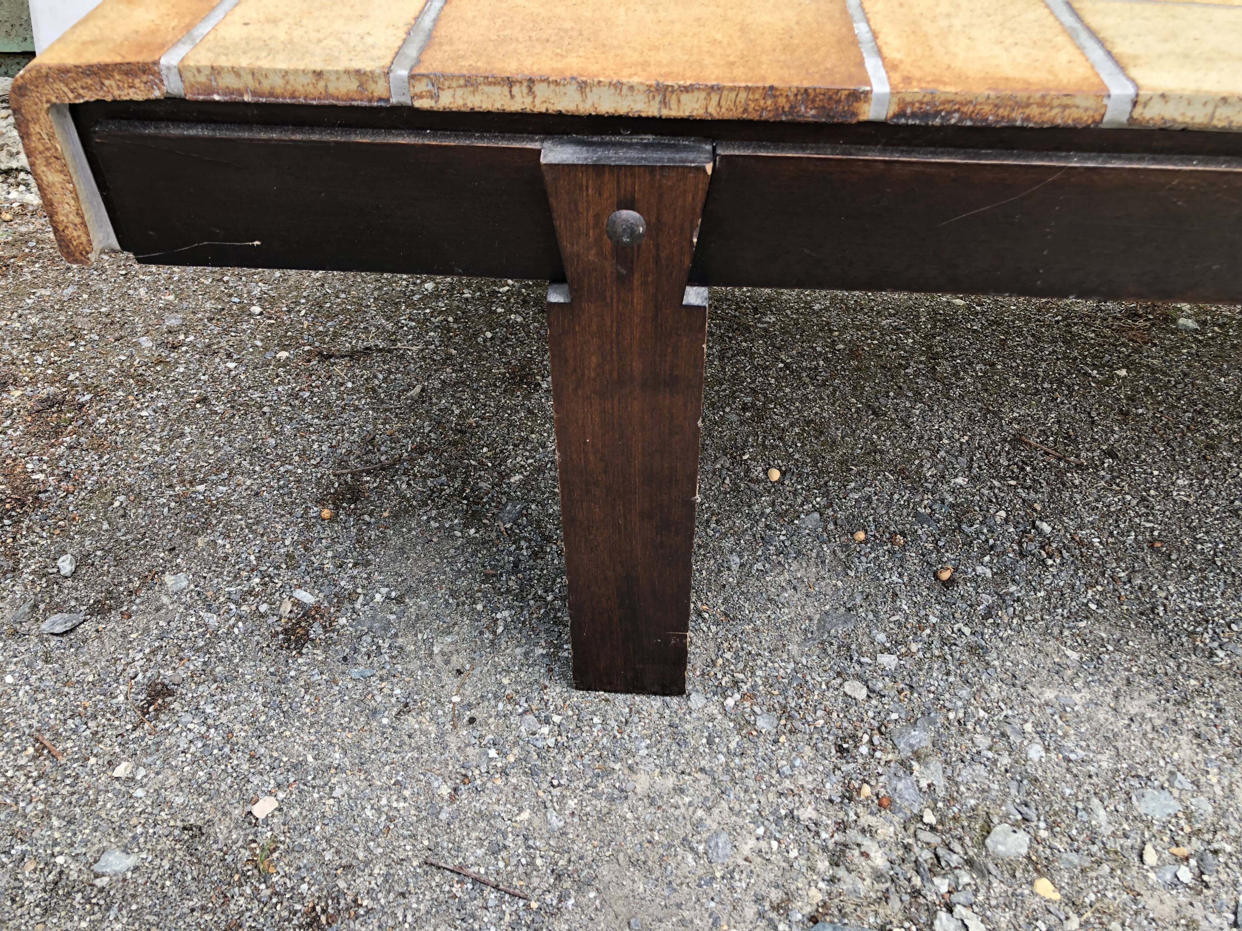 Vintage ceramic coffee table with herbarium decorations by Roger Capron, solid beech base.
