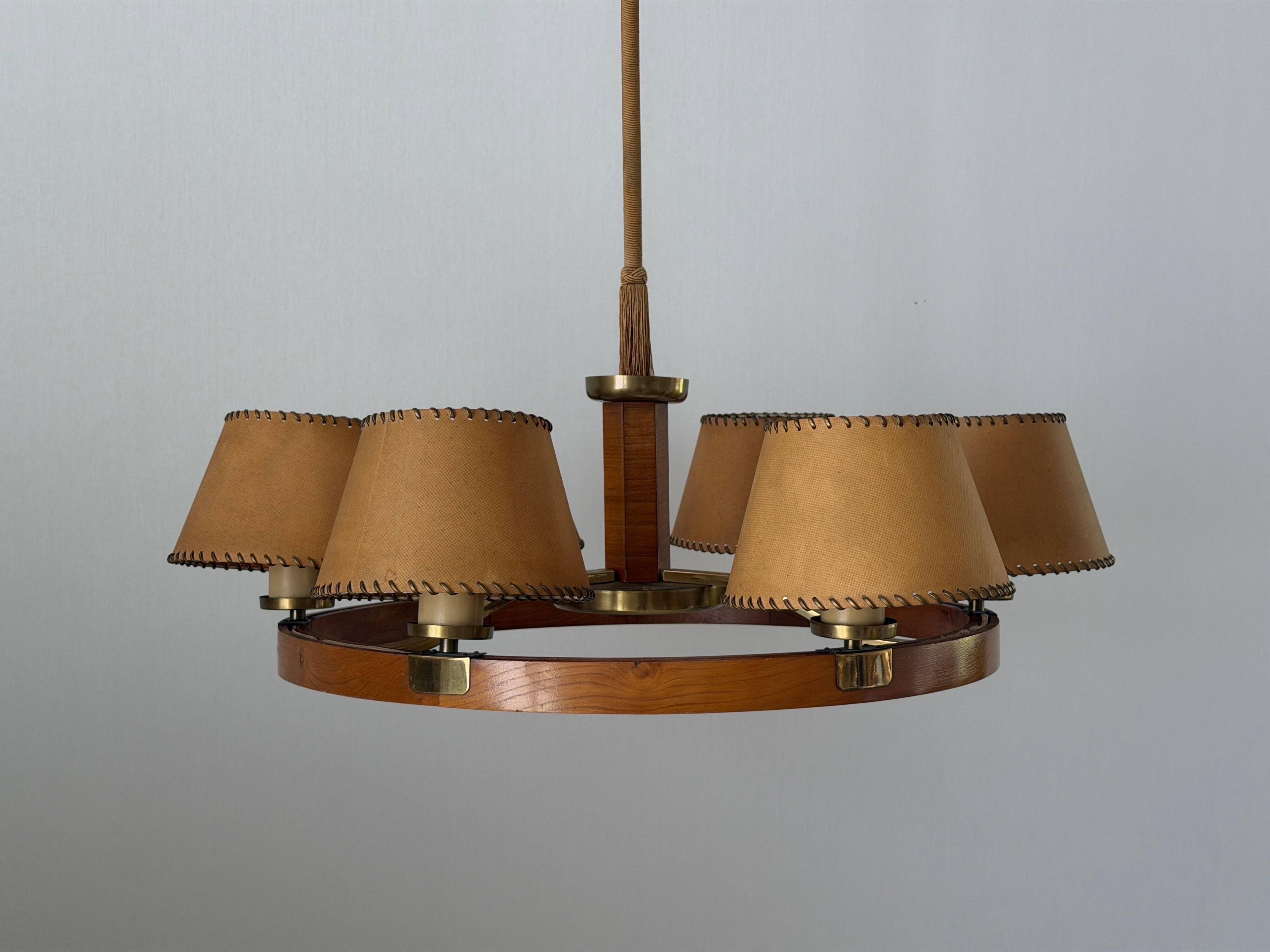 6 wooden paper head chandeliers with brass details, 1960s, Germany