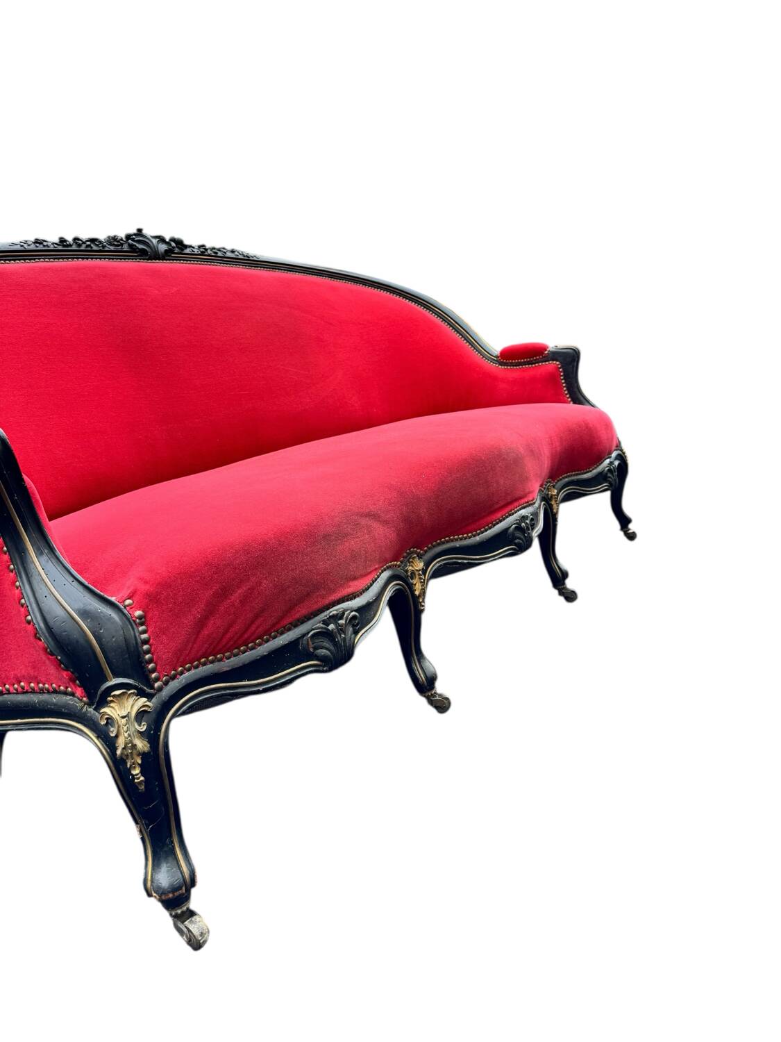 Napoleon III period bench – Blackened wood, brass and red velvet