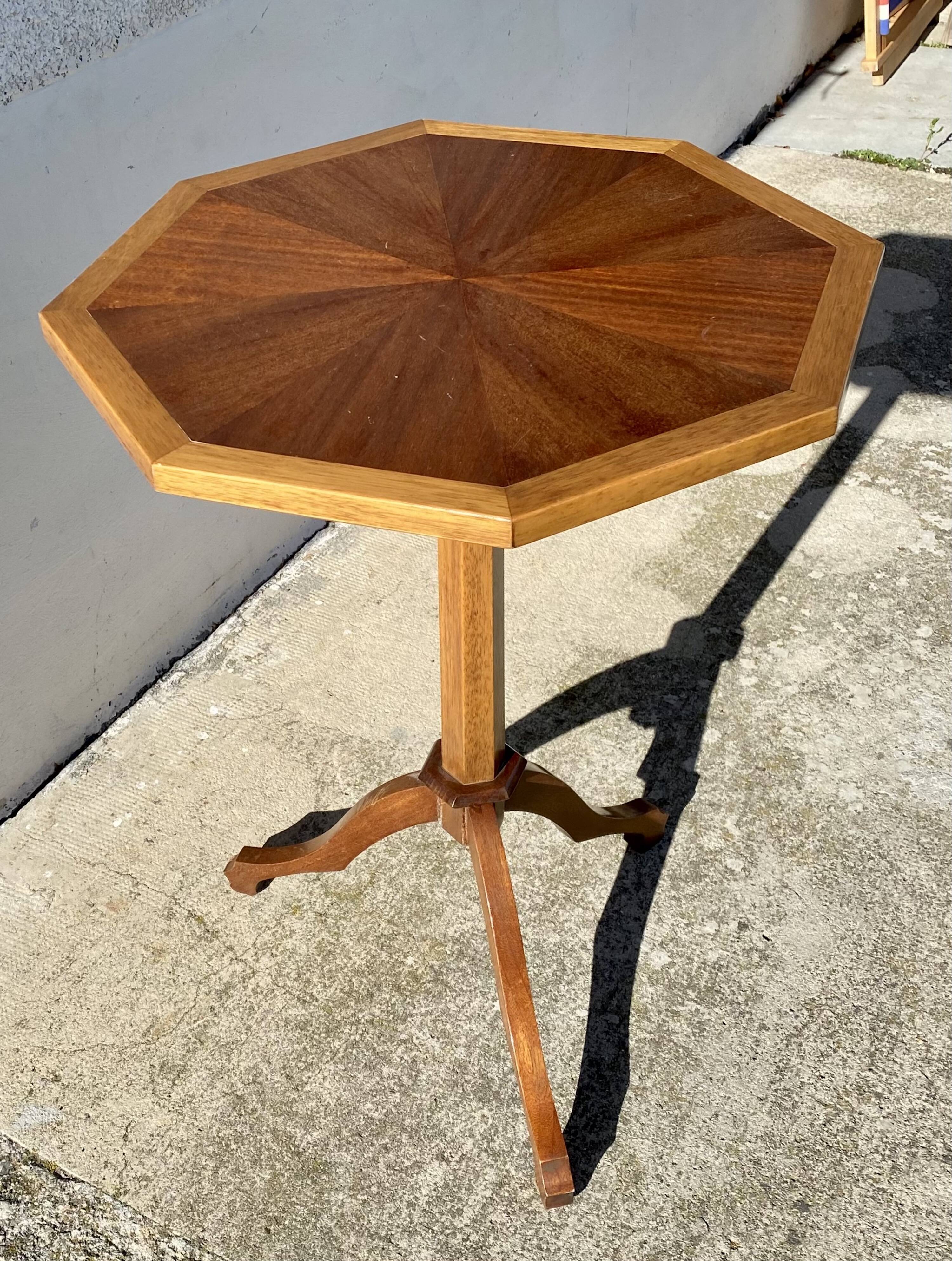 Vintage 1950s wooden tripod side table with octagonal top