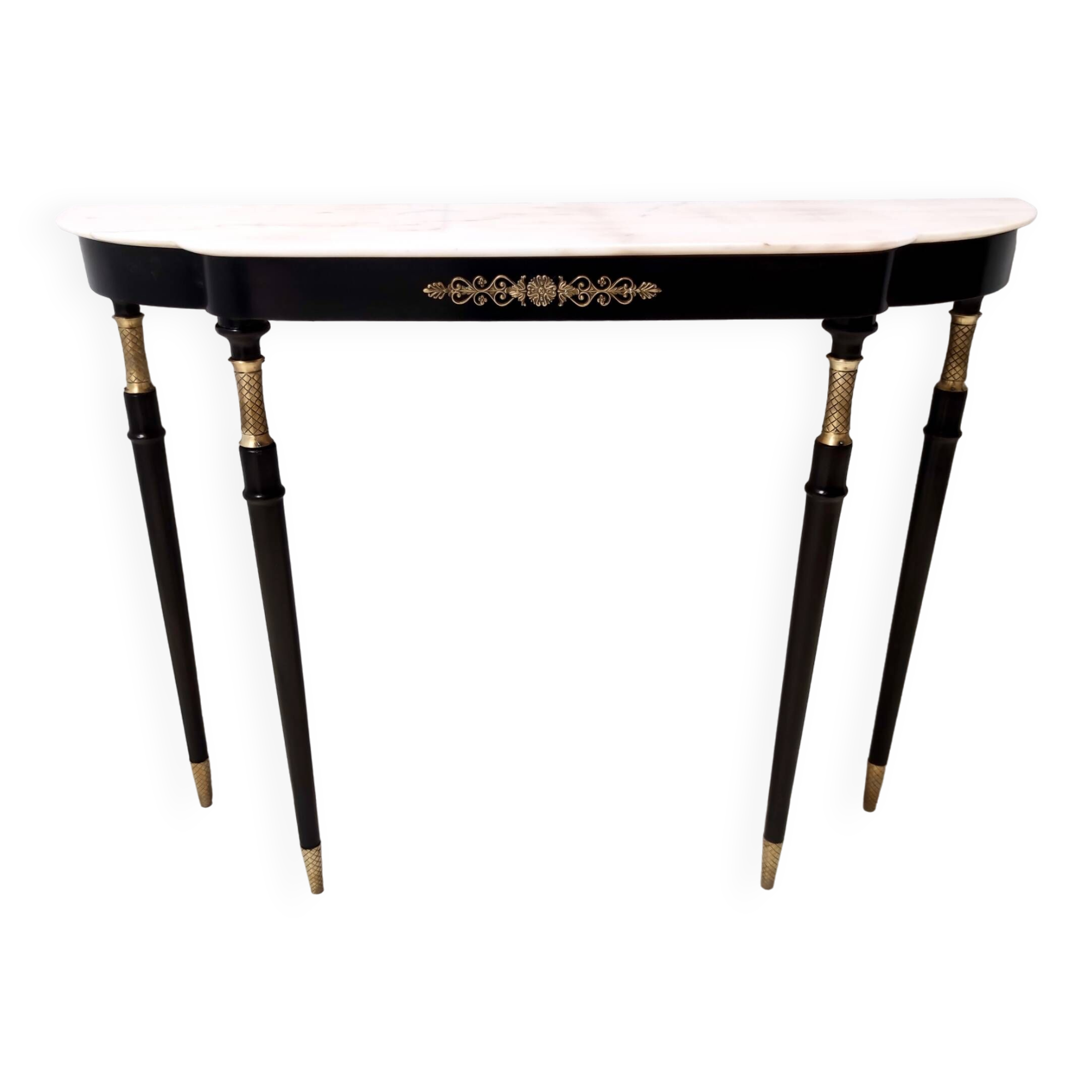 Vintage black lacquered beech console with a portuguese pink marble top, italy