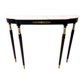 Console vintage en hêtre laqué noir avec plateau en marbre rose portugais, italie