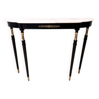 Console vintage en hêtre laqué noir avec plateau en marbre rose portugais, italie
