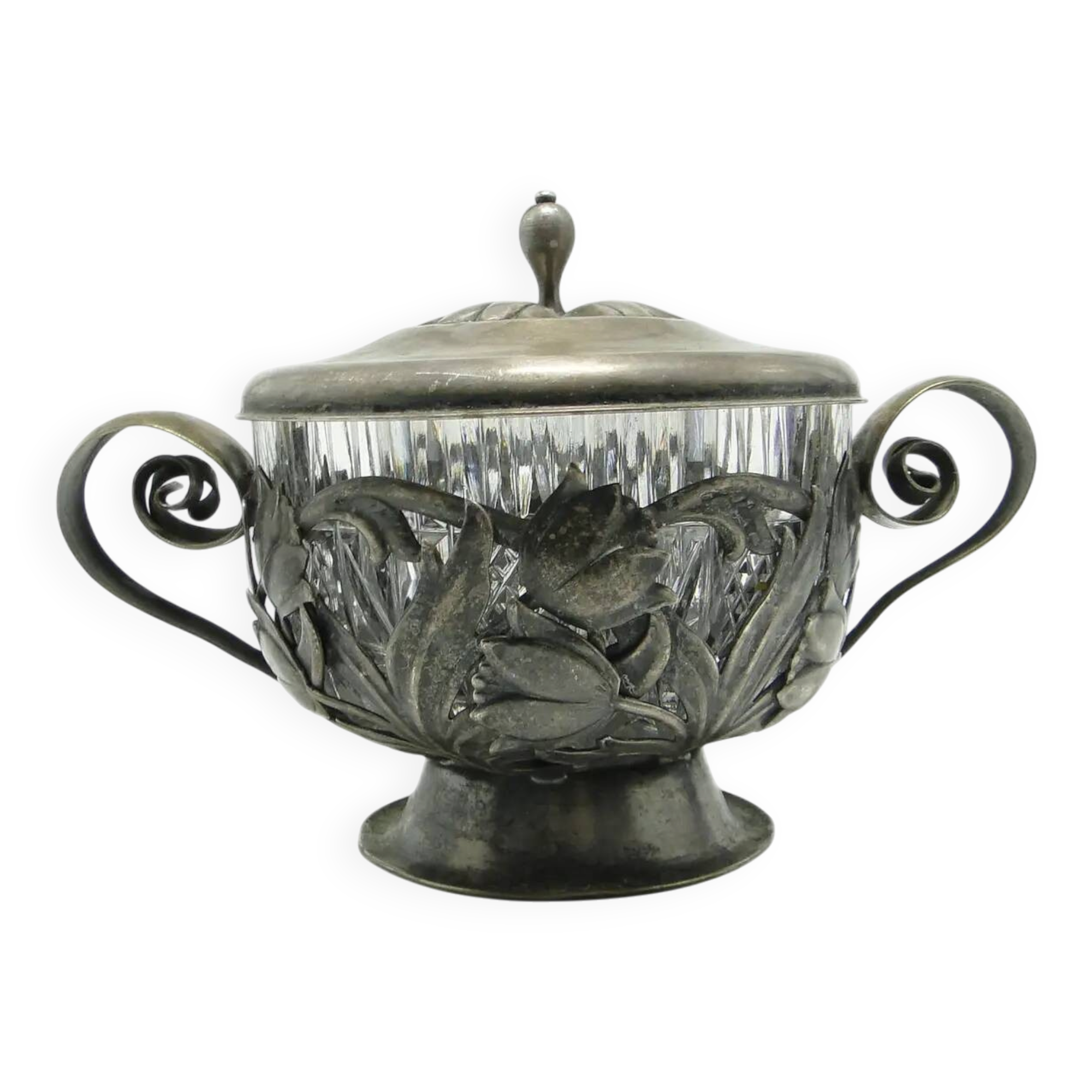 Sucrier Art Nouveau, laiton argenté, verre, Pologne, années 1960.