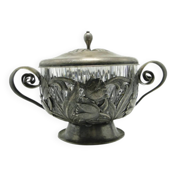 Art Nouveau sugar bowl, silver-plated brass, glass, Poland, 1960s.