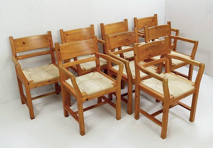 Set of eight pine dining danish chairs with Rope Seat 1980'