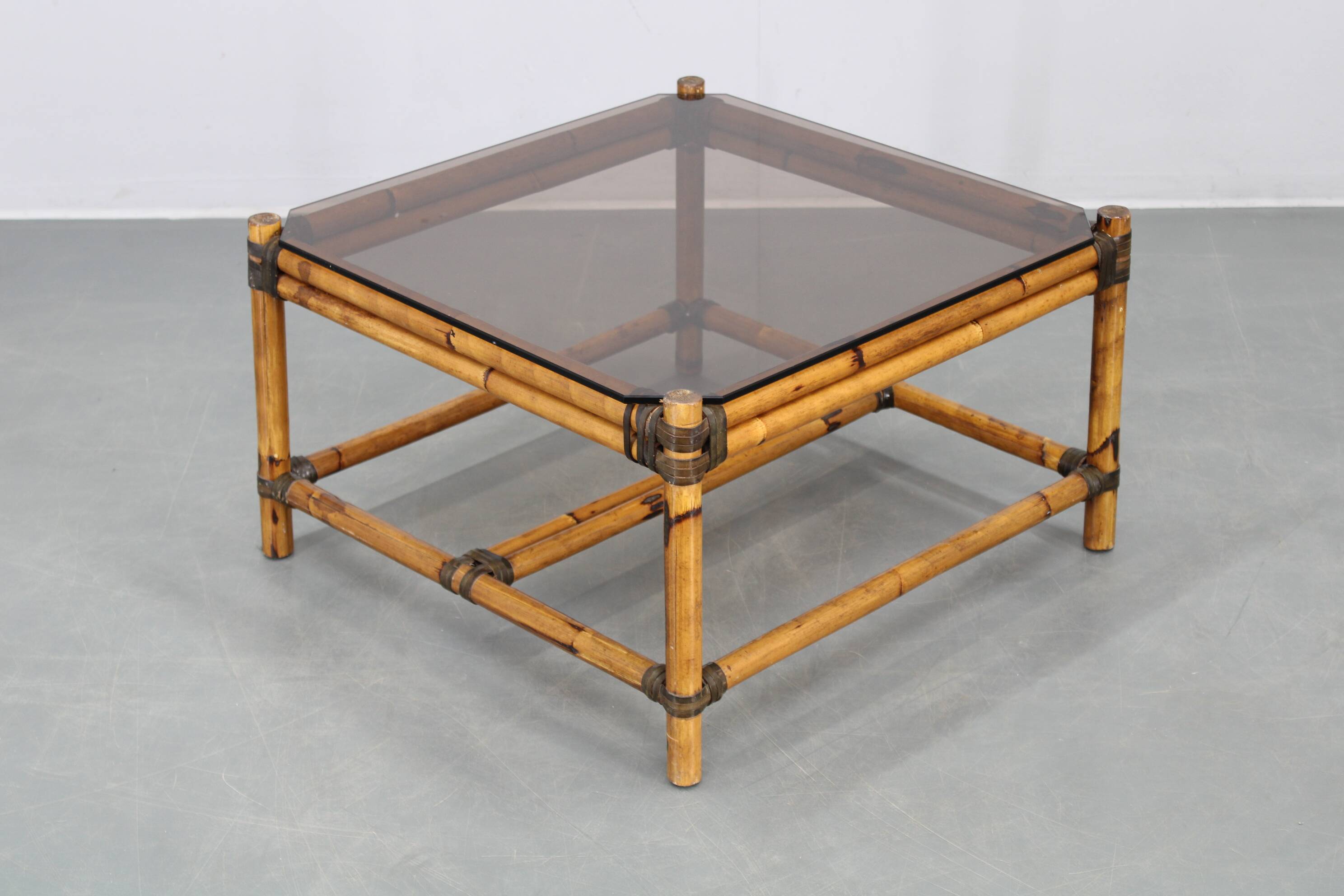 Vintage bamboo coffee table with smoked glass top