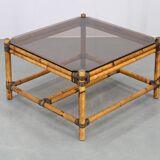 Vintage bamboo coffee table with smoked glass top