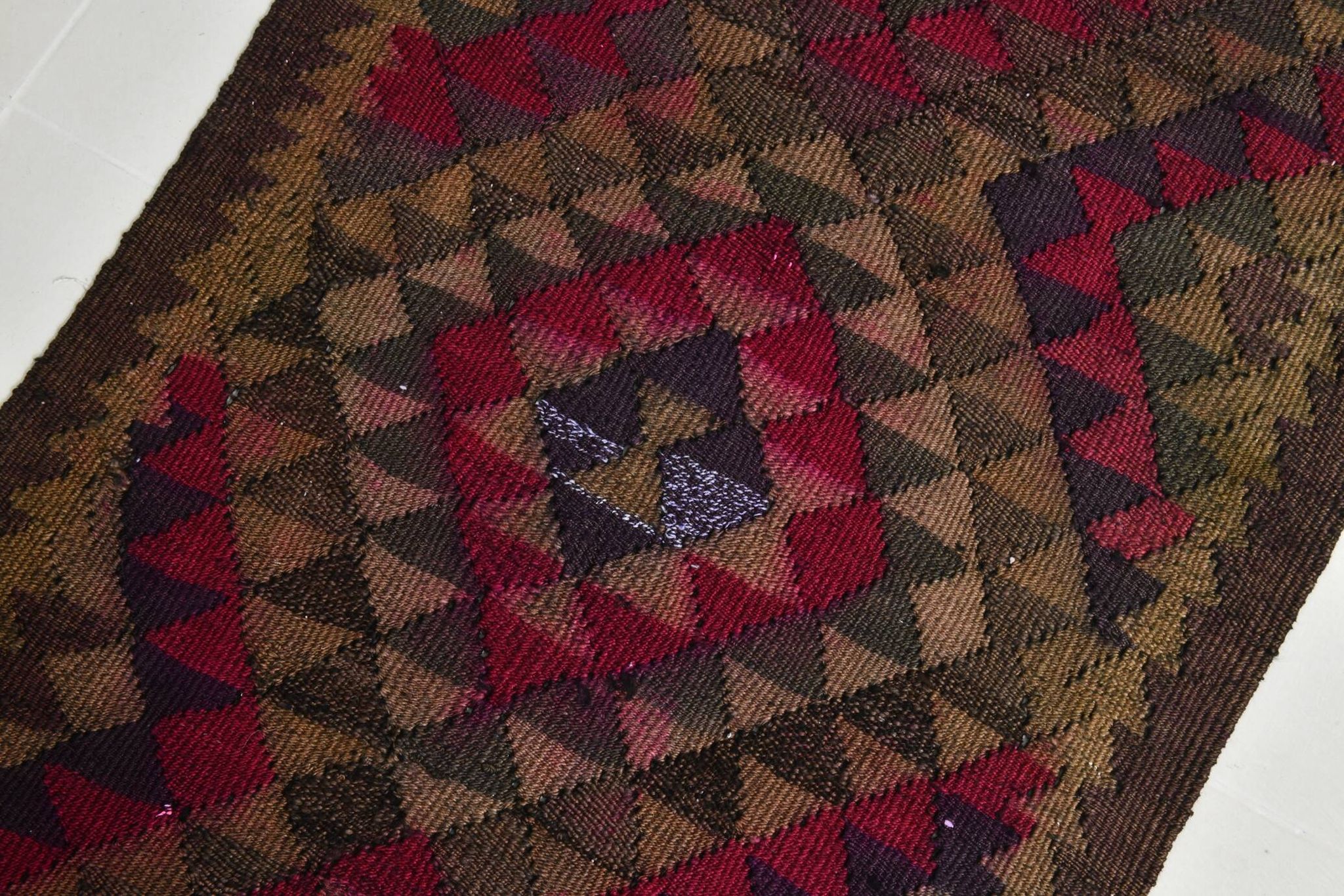 Turkish Burgundy & Brown Kilim Runner Rug, 80x342Cm