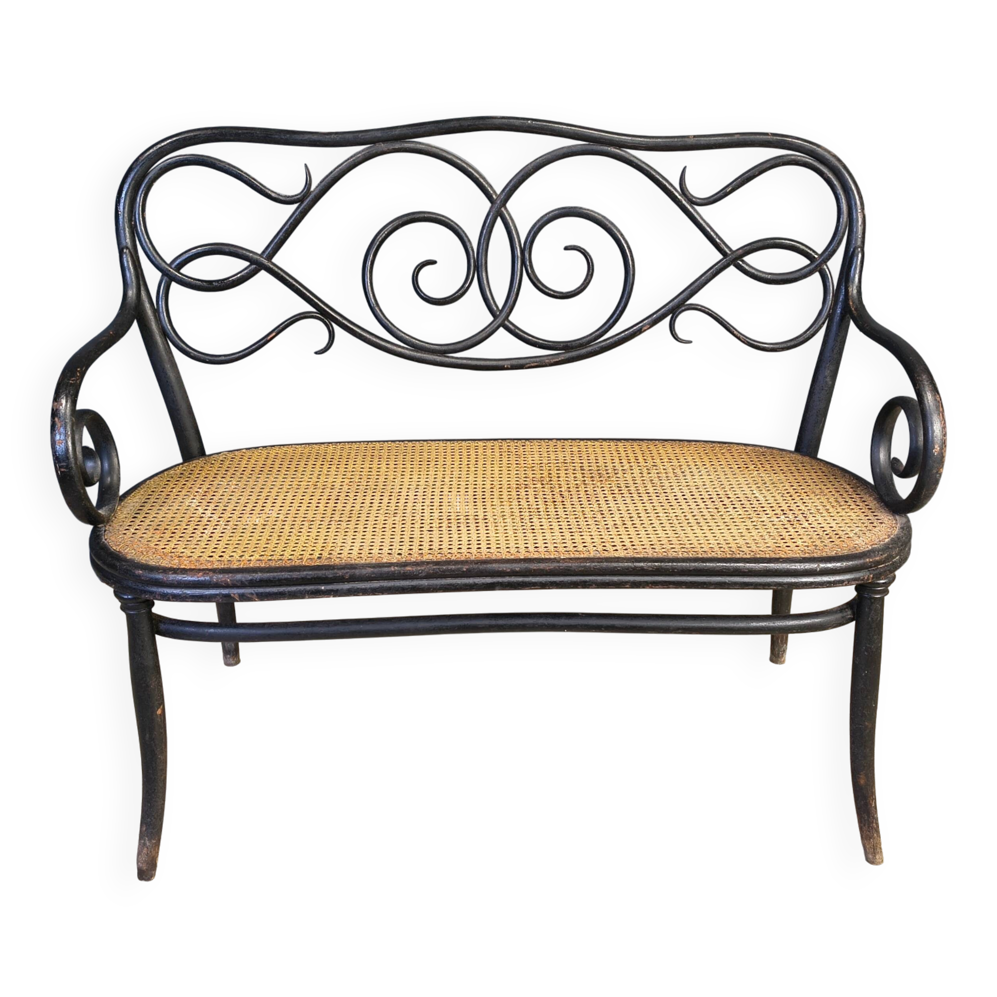 Art nouveau settee no. 2 in bent wood and cane by Thonet Brothers, Austria 1900s