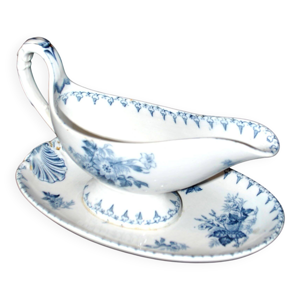 Sarreguemines U&C saucière Flore en faïence à fleurs bleu