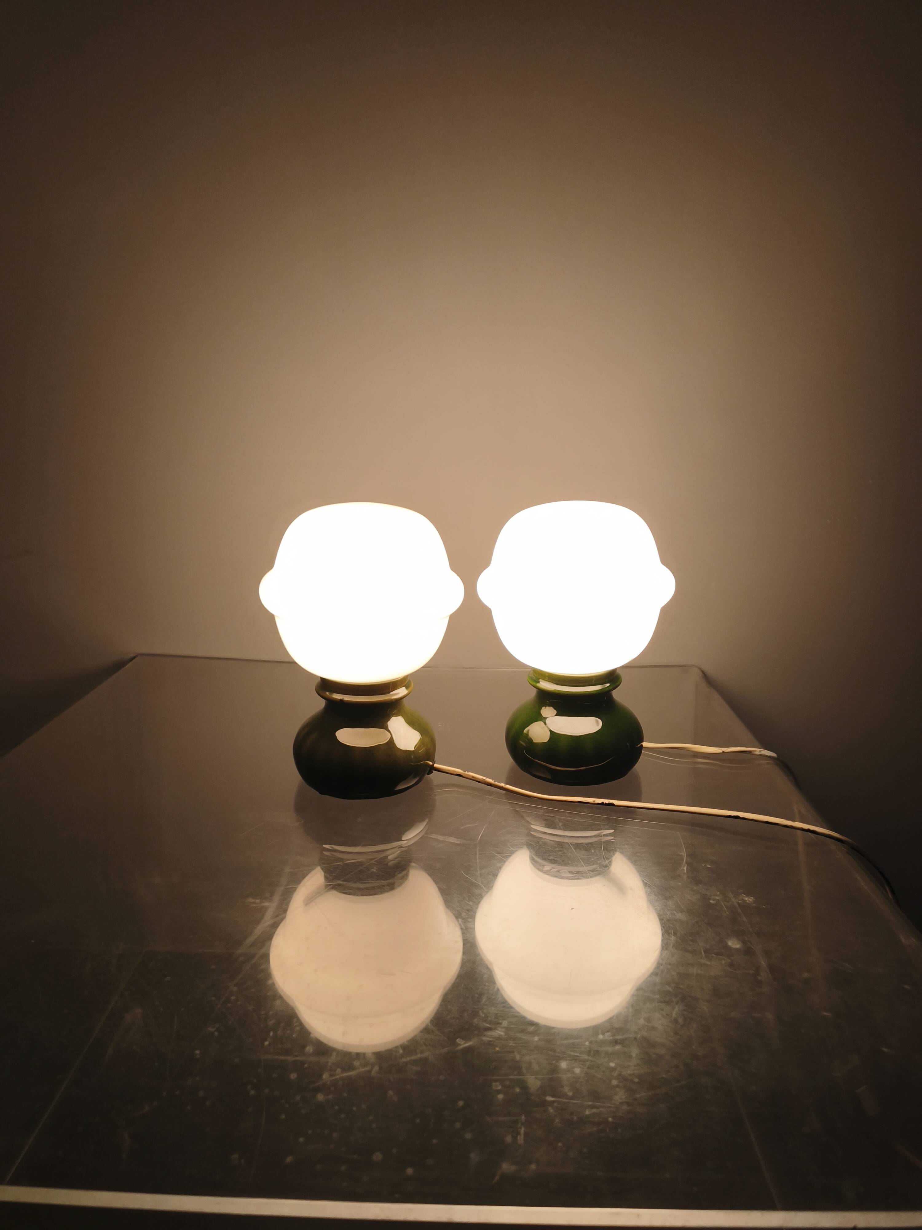 Pair Czech 1970s Milk Glass and Green Ceramic Table Lamps