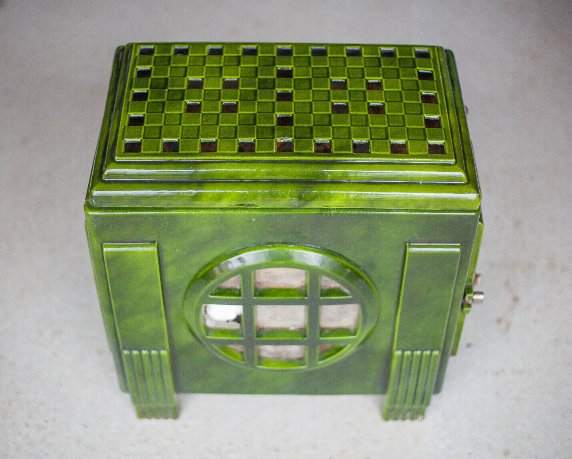 Art deco wood stove, green enamelled wood stove, interior decoration