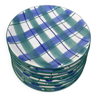 8 green and blue checked dessert plates