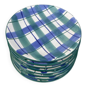 8 green and blue checked dessert plates