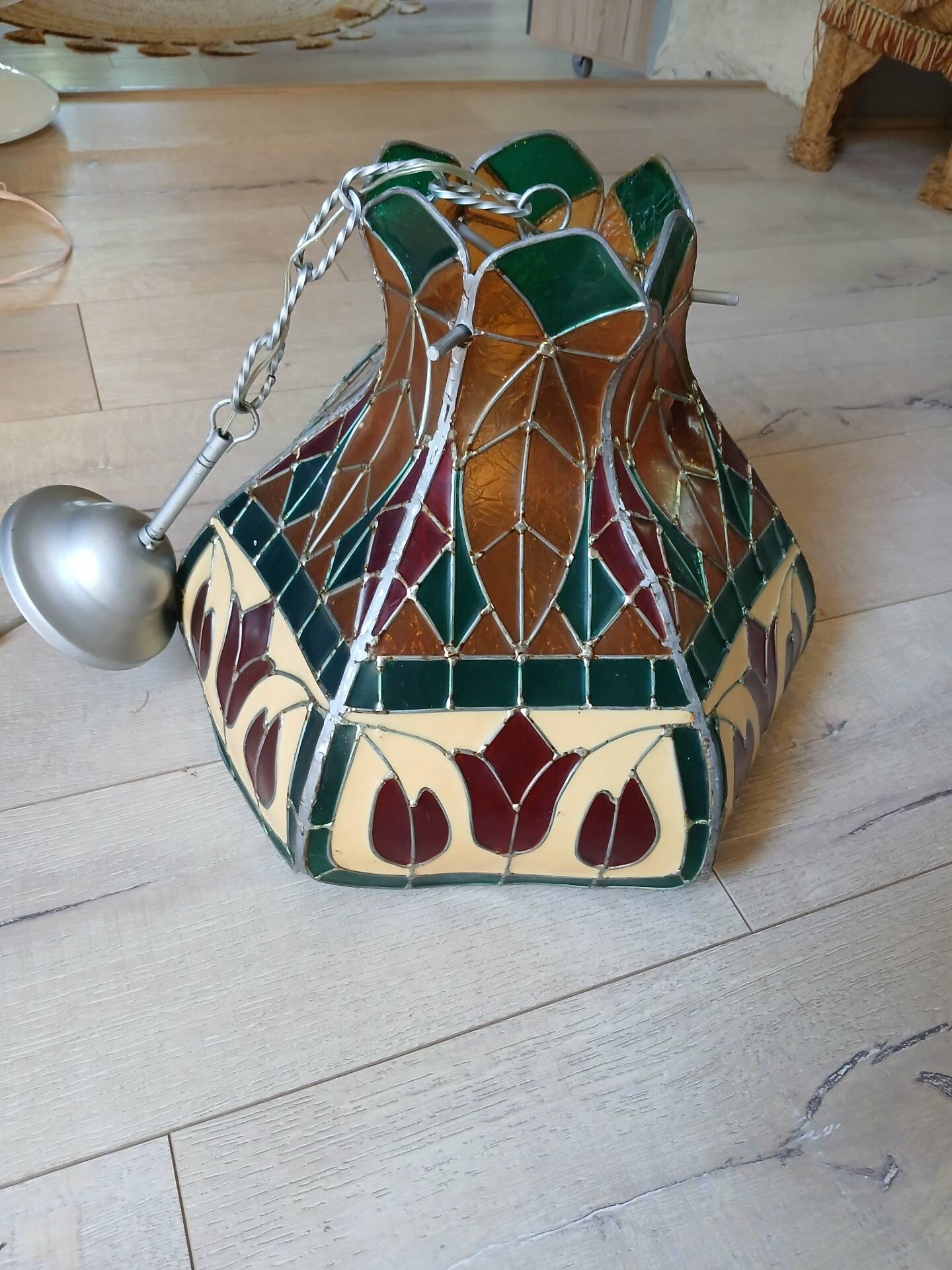 Vintage pendant light with multicoloured stained glass.