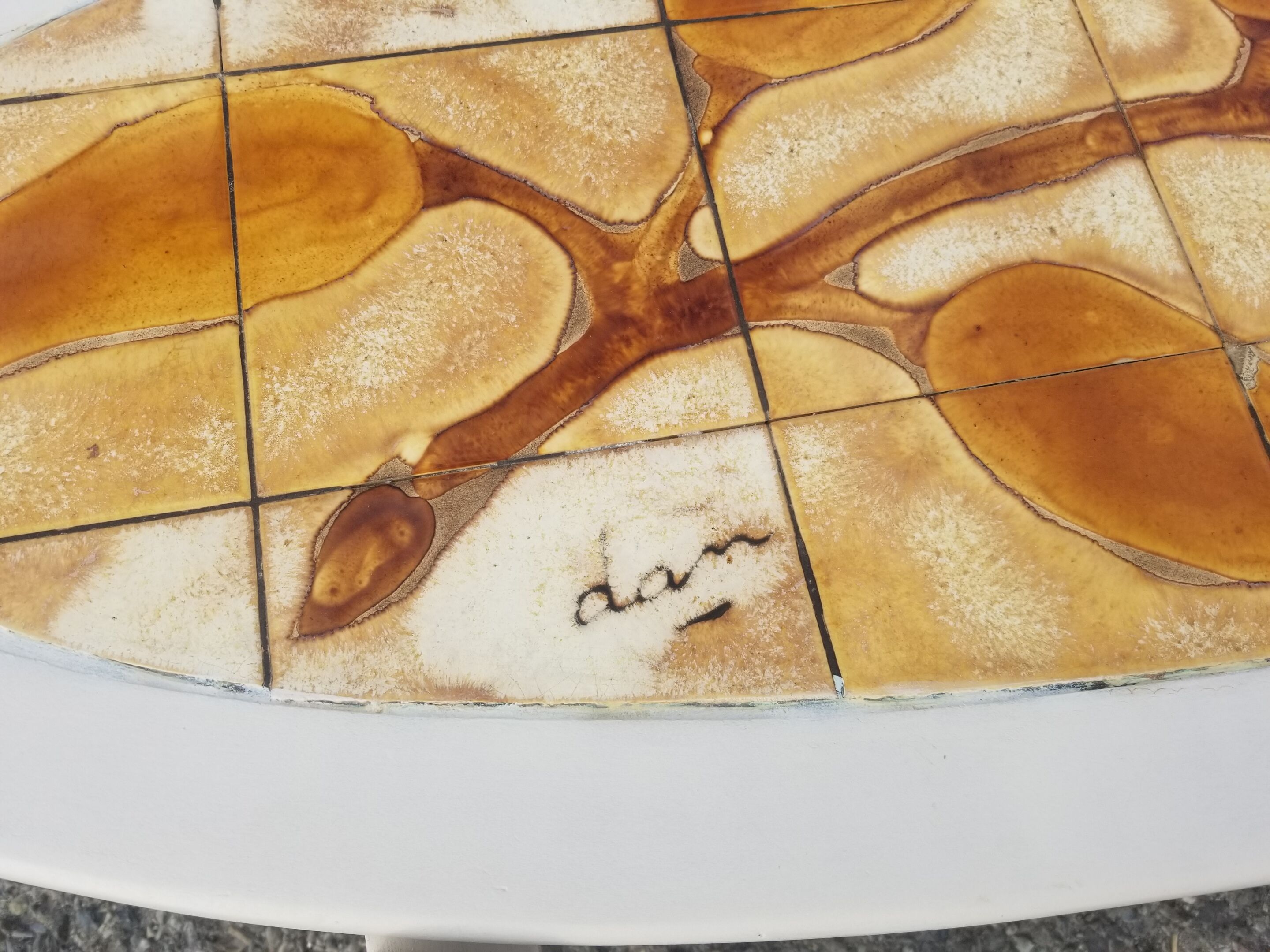 Vintage oval wooden and ceramic coffee table signed Dan - Vallauris