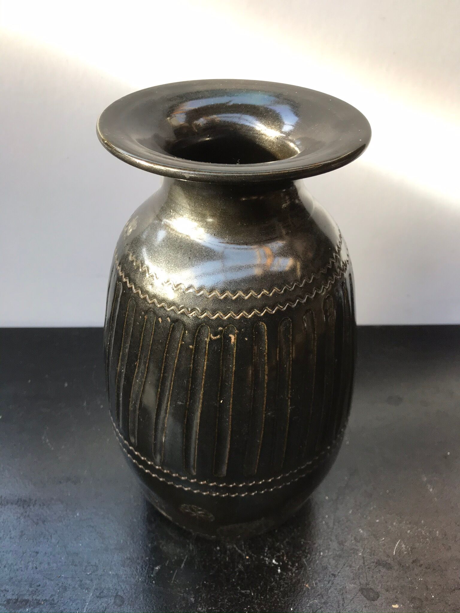 Former Black Brown Ceramic Vase Enamelled Signed HOPWILLER Vintage
