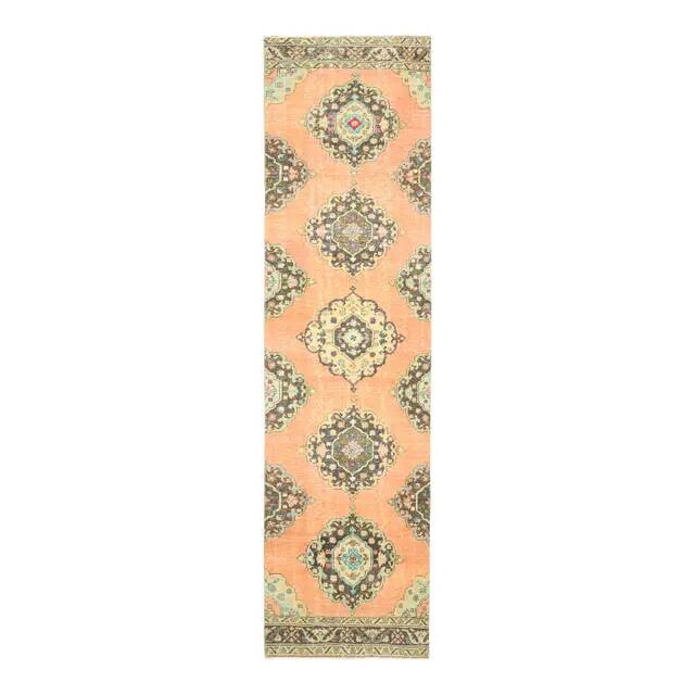 1970s Turkish Oushak Handmade Wool Cotton Orange Runner 98x378