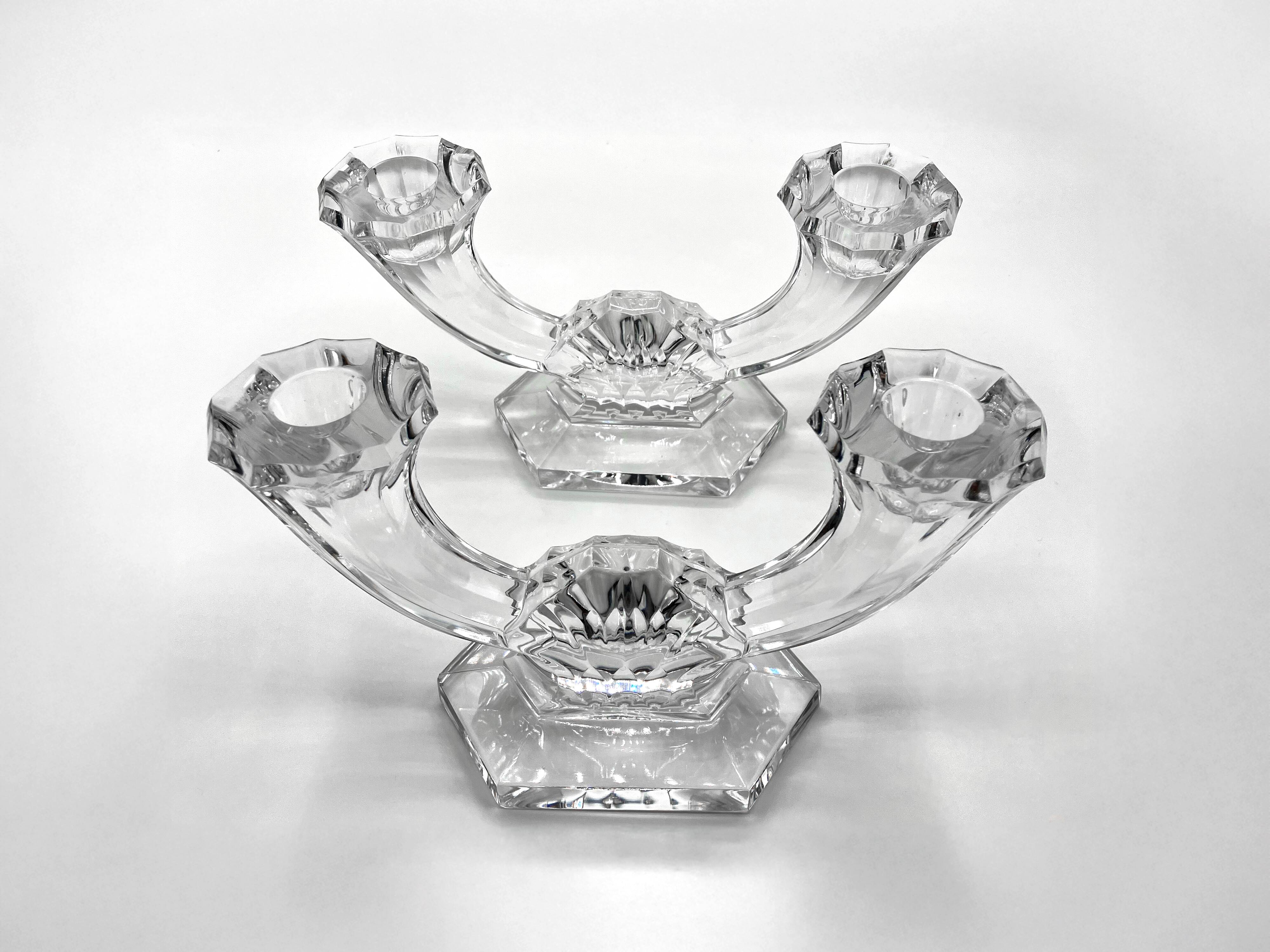 Set of 2 double-light crystal candlesticks • Val Saint-Lambert crystal factory • 1953 • Belgium