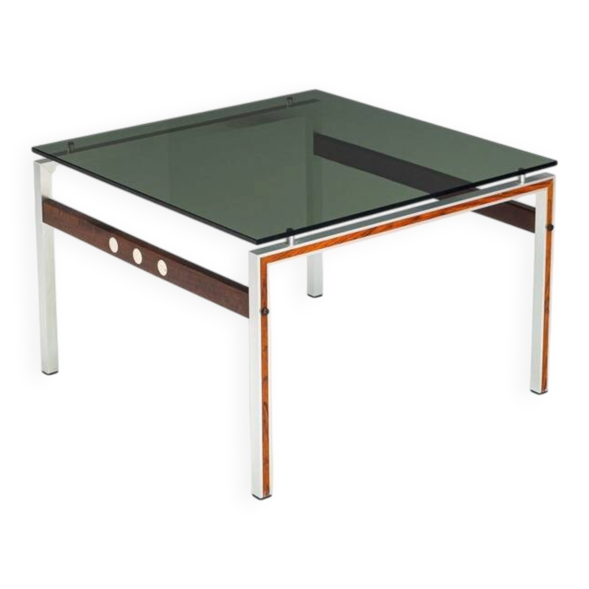Scandinavian coffee table in metal, teak and smoked glass Denmark 1960