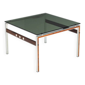 Table basse scandinave en métal, teck et verre fumé Danemark 1960