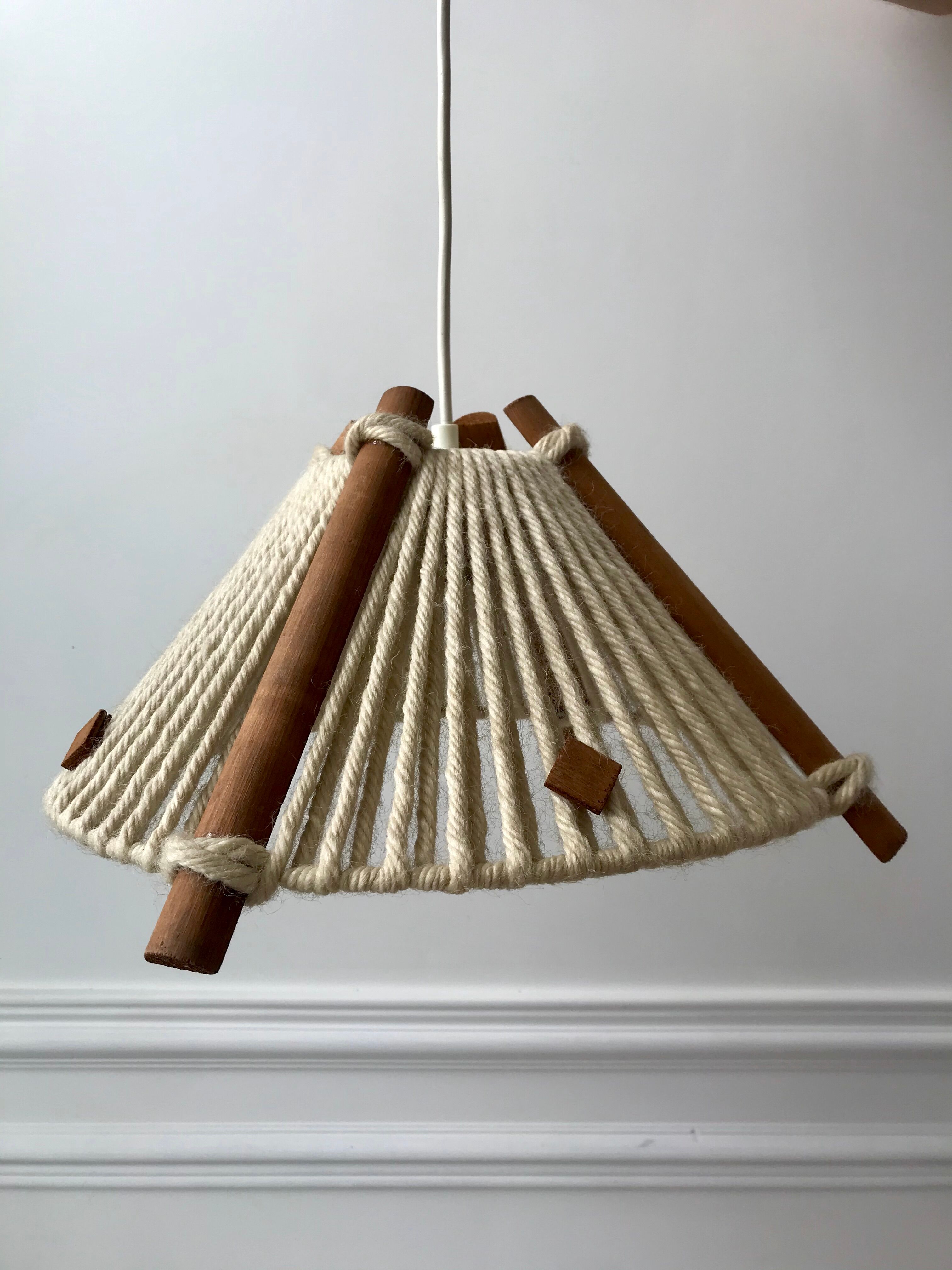 Scandinavian suspension lamp in wood and wool made in gdr 60s