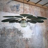 Suspension linen green fir, rattan and old vintage globe