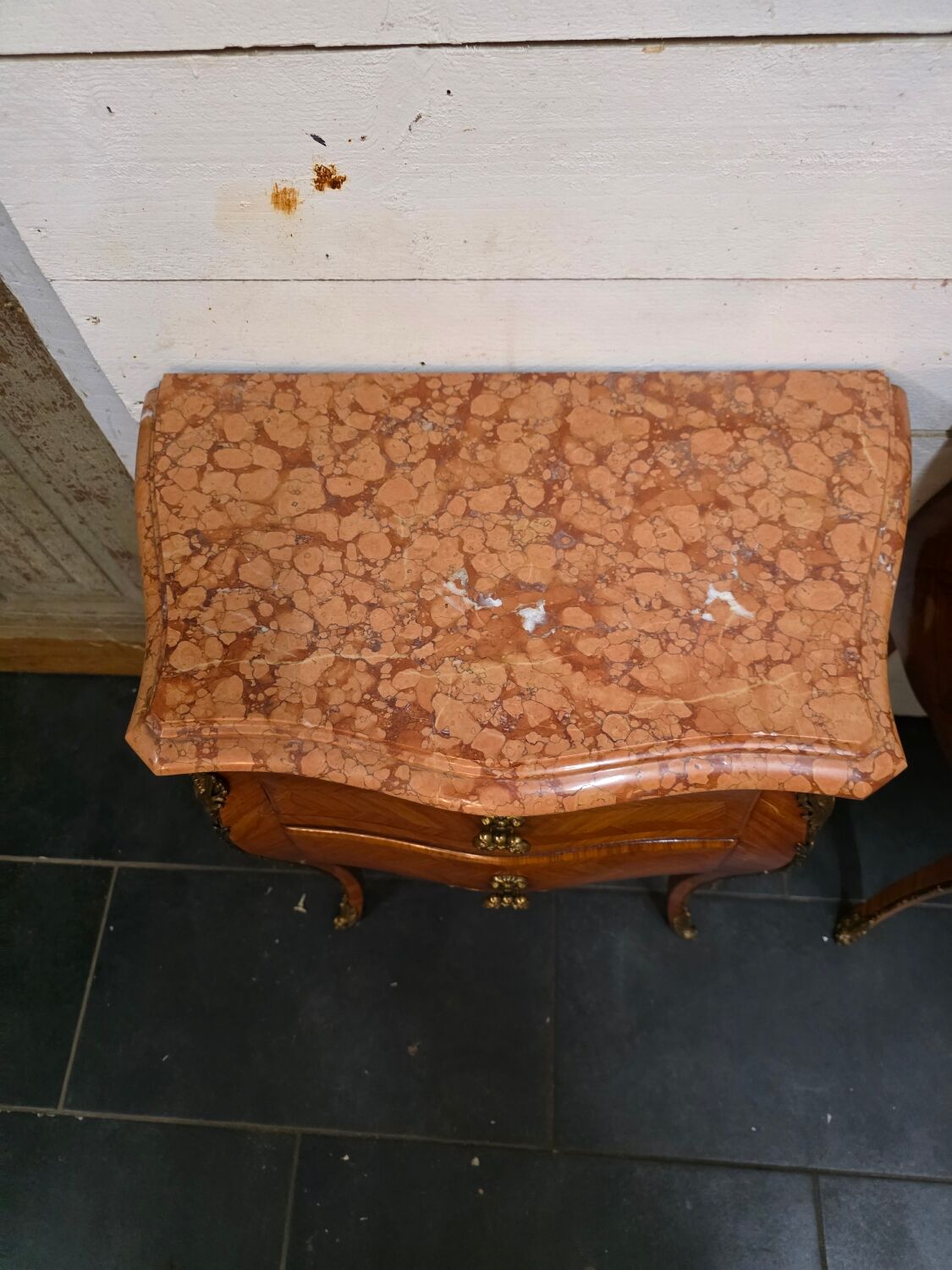 Pair of Louis XV style curved bedside tables in marquetry