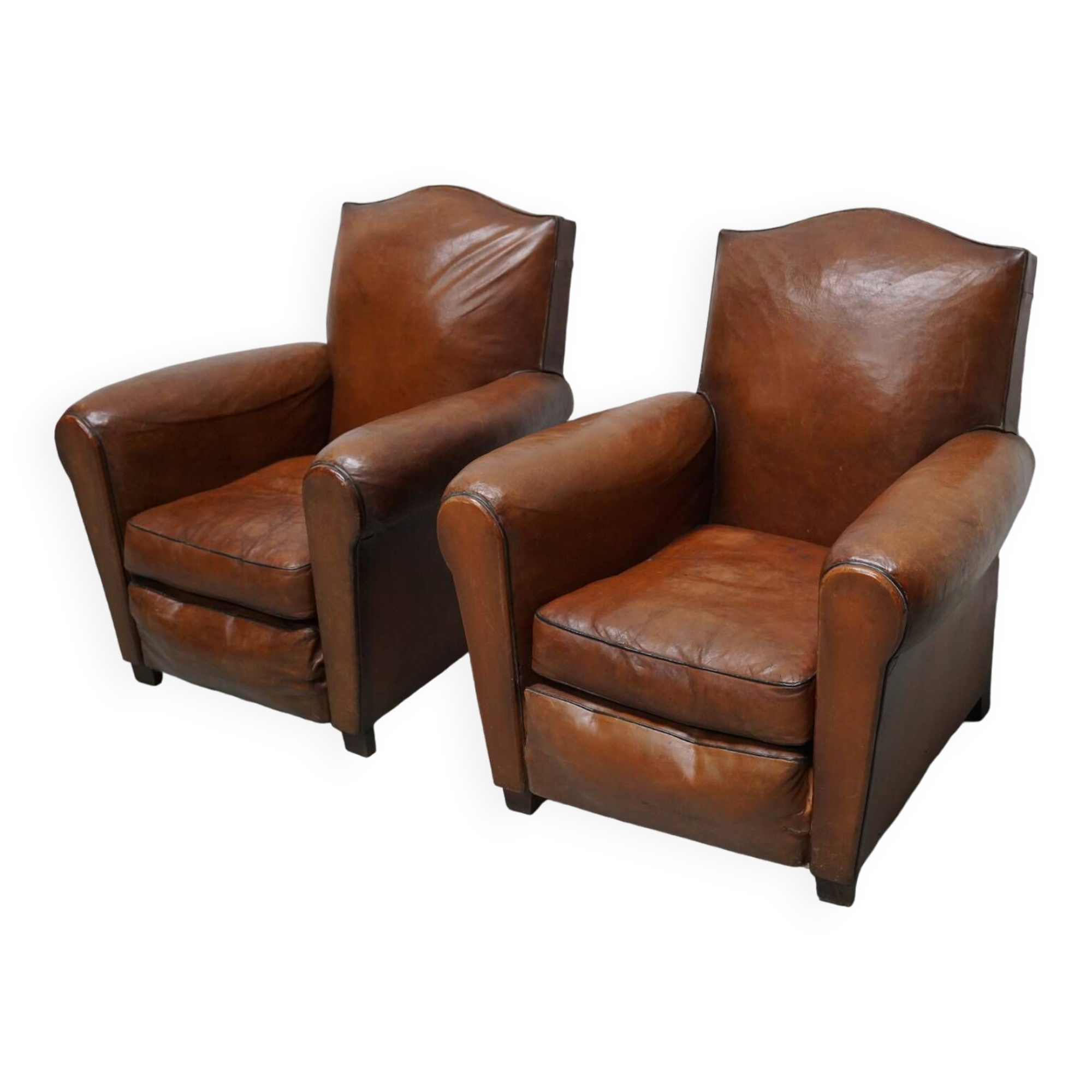 Pair of French Cognac Moustache Back Leather Club Chairs, 1940s