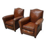 Pair of French Cognac Moustache Back Leather Club Chairs, 1940s