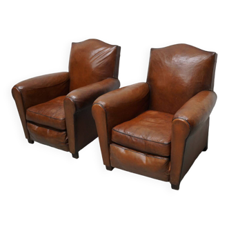 Pair of French Cognac Moustache Back Leather Club Chairs, 1940s