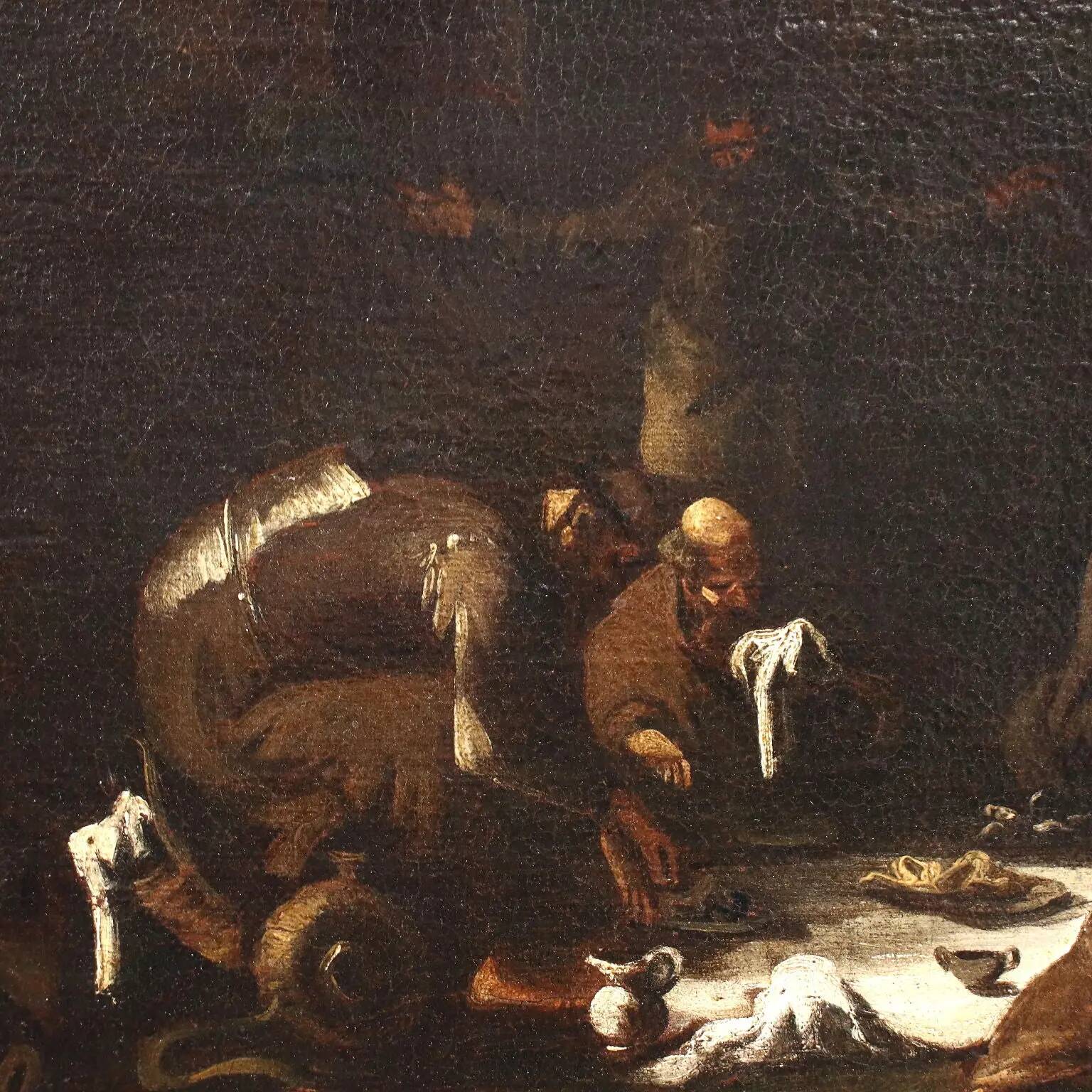 The monks' lunch, oil on canvas, Genoese school, Italy 18th century.