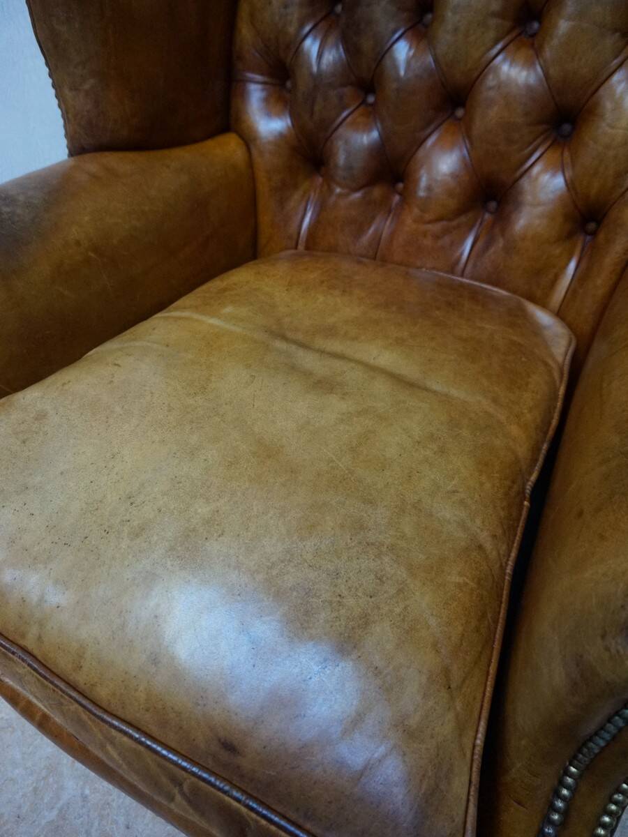 Vintage Cognac Leather Wingback Chesterfield Armchair, England 1940s