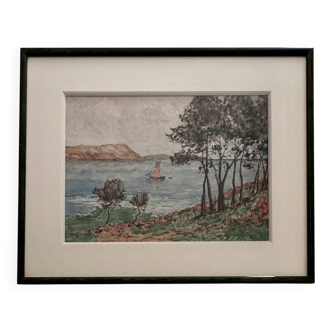 Watercolor on paper, seascape by Félix Robin, 20th century