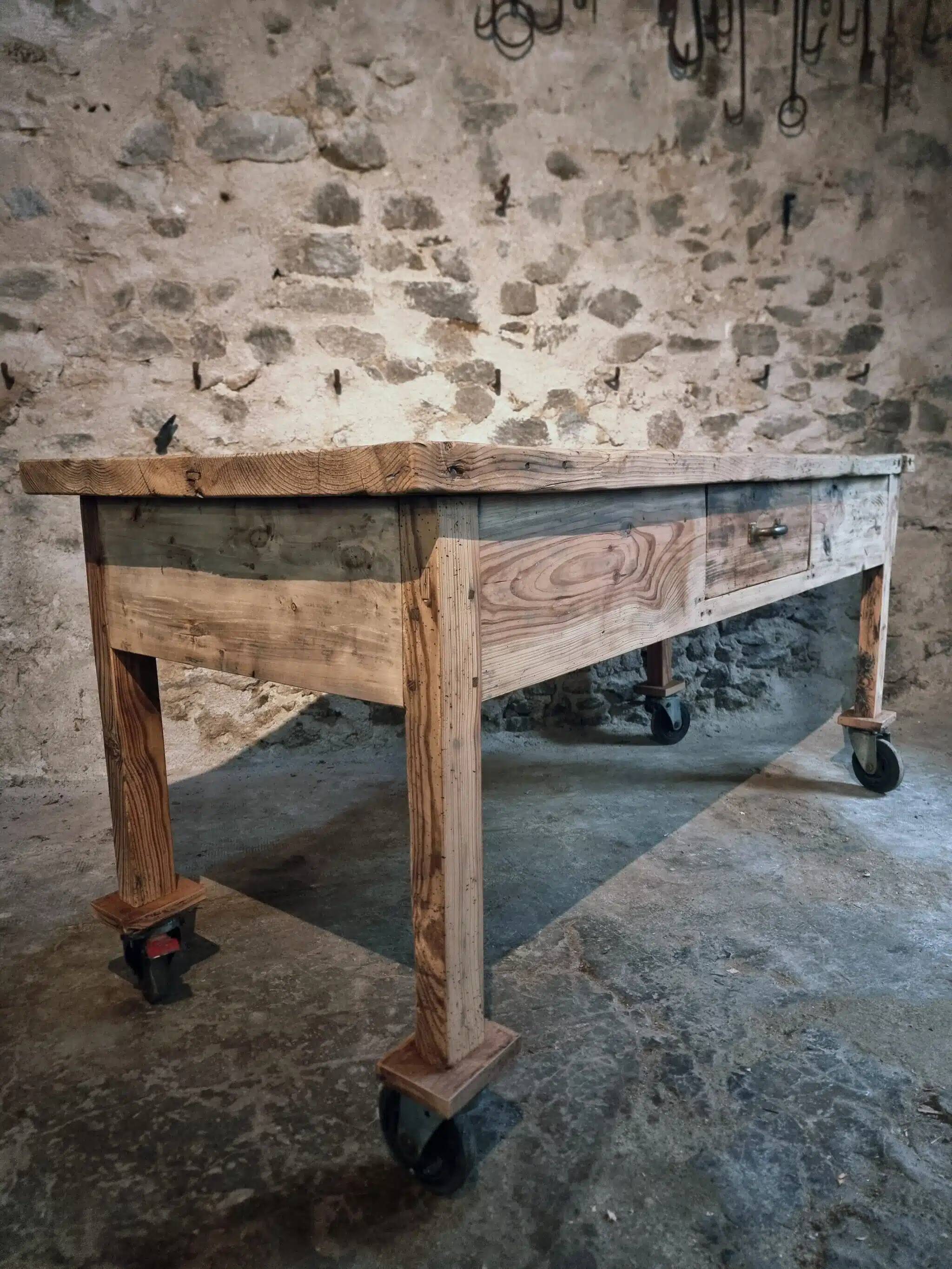 Vintage French pine work table, 1930s industrial kitchen island with drawer and casters