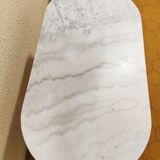 Oval carrara marble table (fixed) and two cast iron chairs
