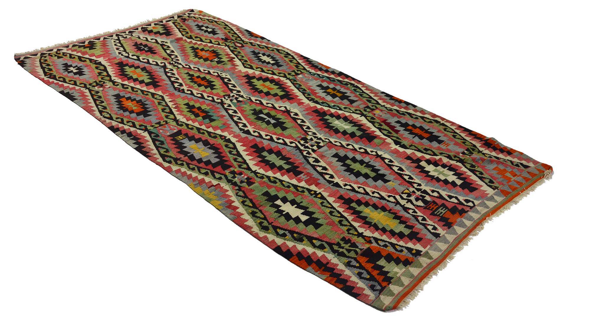Turkish Kilim Yuruk Vintage 155x293 cm Geometric Red Green Yellow