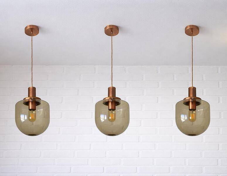 1 blown smoked glass pendant light / copper bar lamp / mid-century modern 1970s