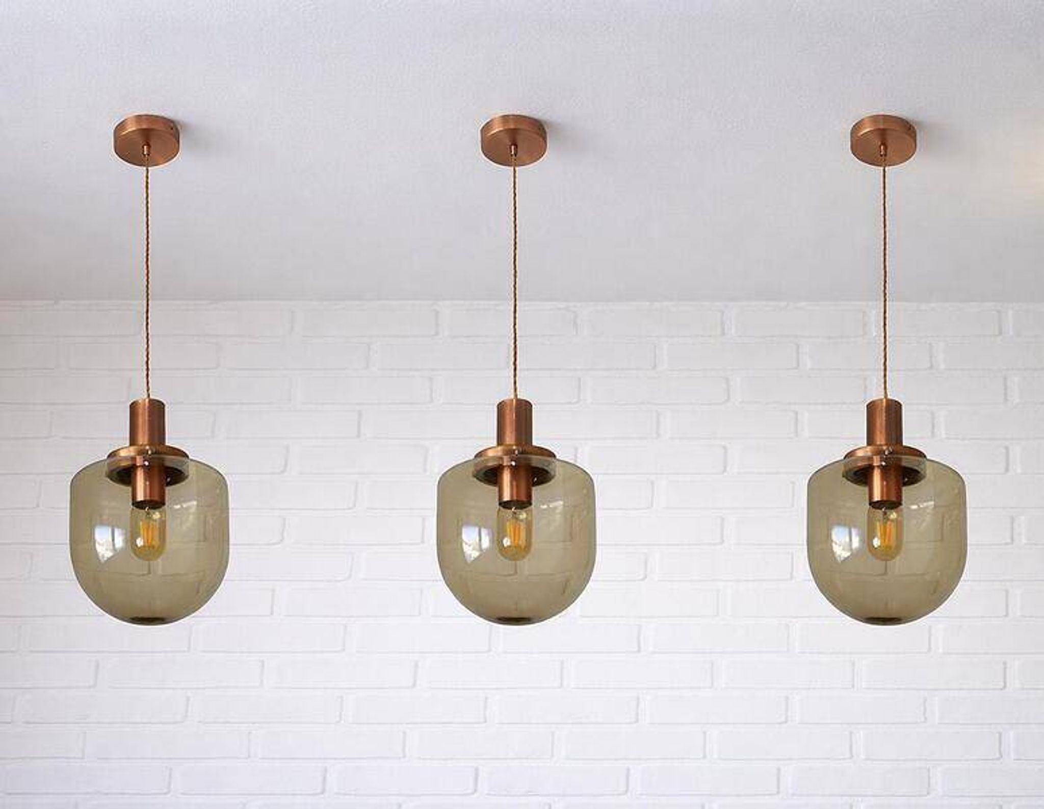 1 blown smoked glass pendant light / copper bar lamp / mid-century modern 1970s