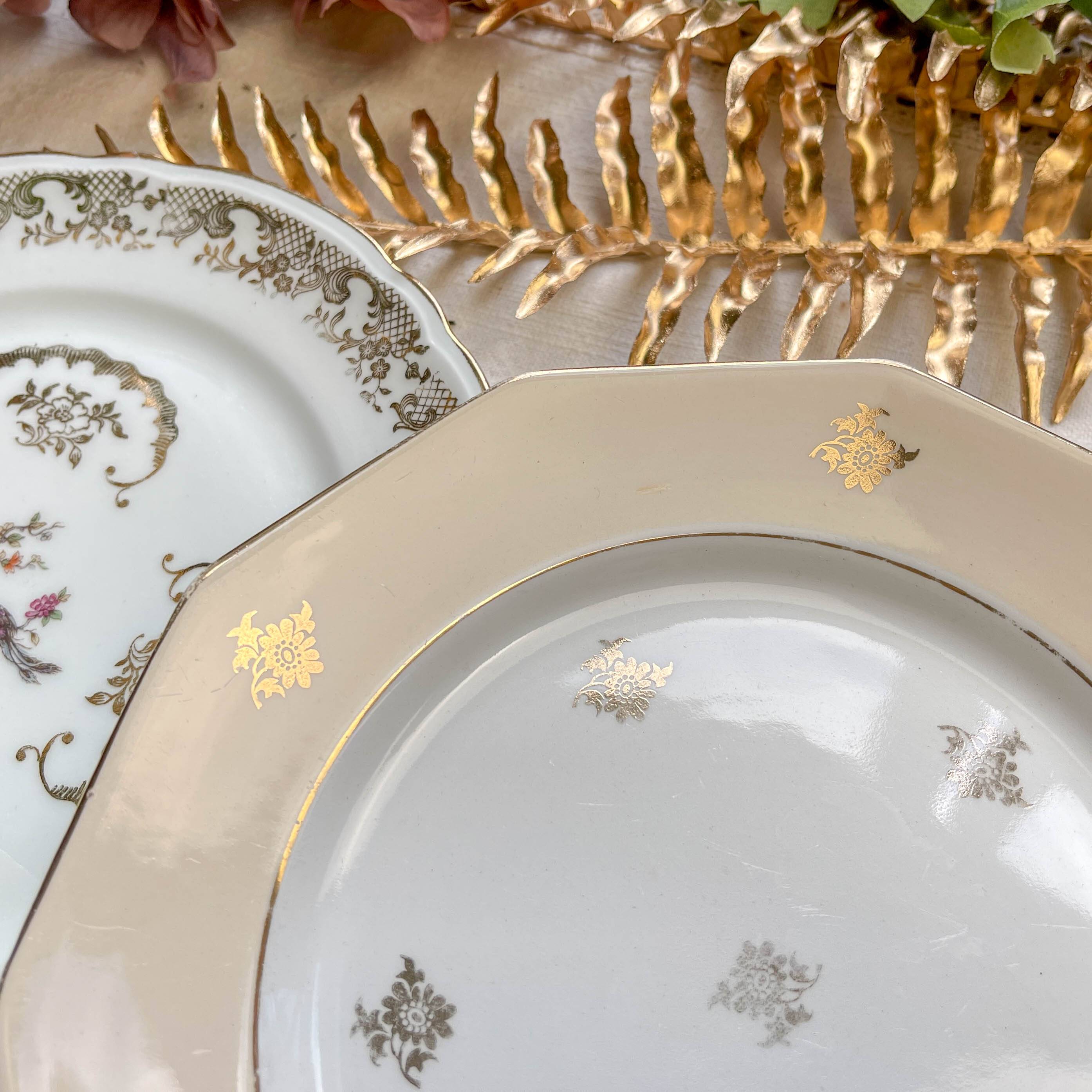 8 small vintage mismatched plates in French Limoges porcelain, Orchies - golden flower and bird motifs
