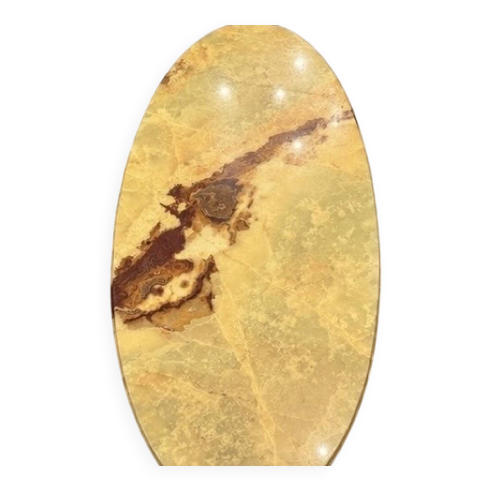 Large oval coffee table in yellow marble and gold metal, classic style.